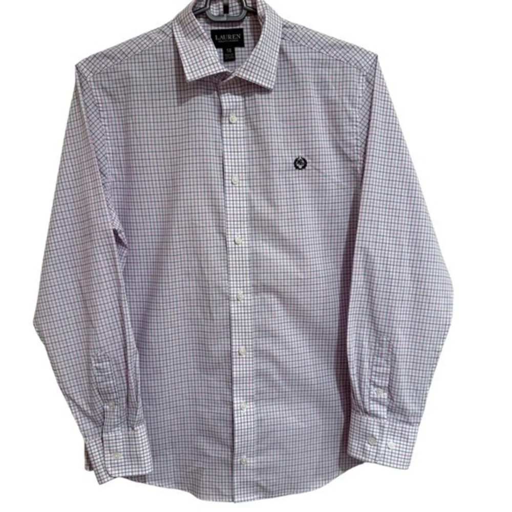 Ralph Lauren Boys Button Up Oxford Shirt White Plaid Crest Logo size 18 Youth